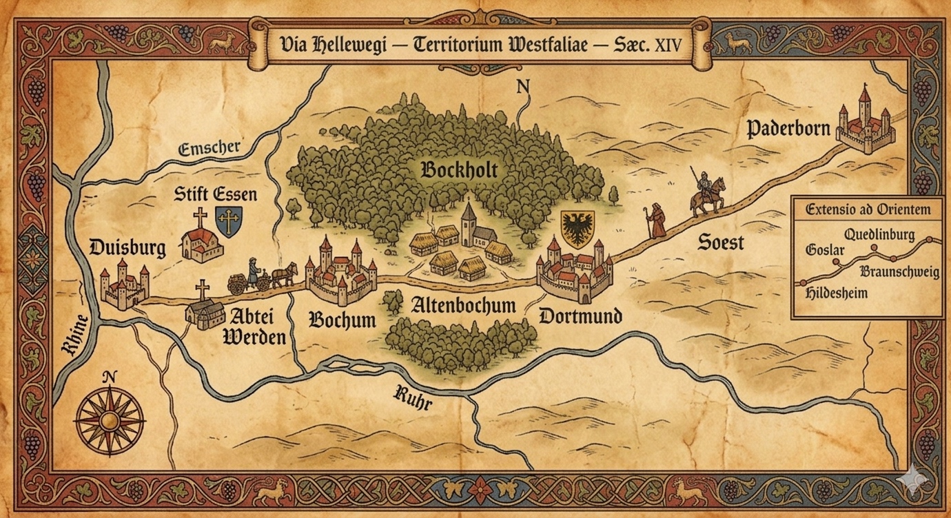 Rekonstruierte Karte von Altenbochum am westfälischen Hellweg zwischen Rhein, Ruhr und Emscher mit dem Waldgebiet Bockholt
