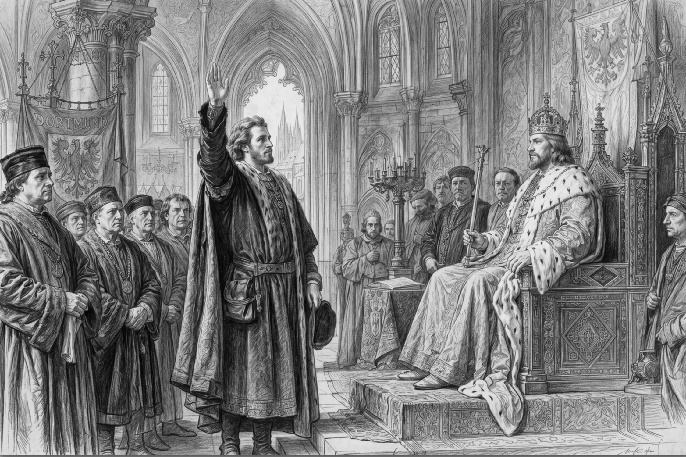 Zeichnerische Rekonstruktion des Treueids eines Freigrafen vor Kaiser Karl IV.