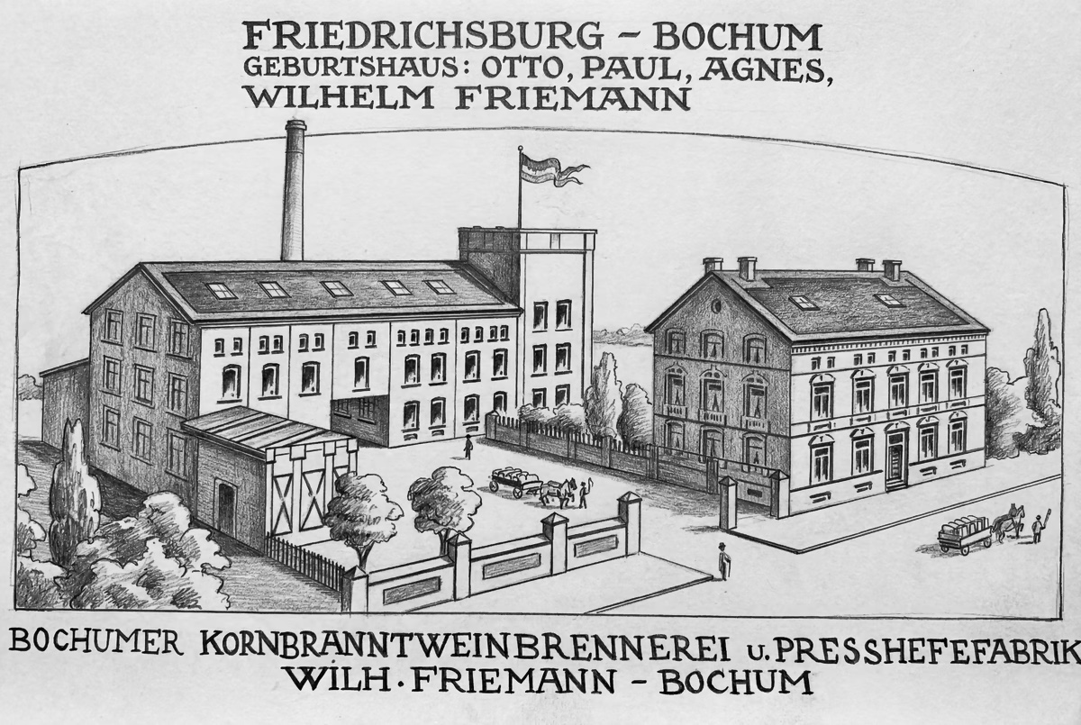 Historische Darstellung der Bochumer Kornbranntweinbrennerei und Presshefefabrik Wilhelm Friemann