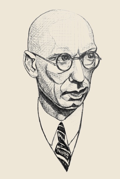 Gezeichnetes Porträt von Heinrich Theodor Friemann mit Brille und Krawatte
